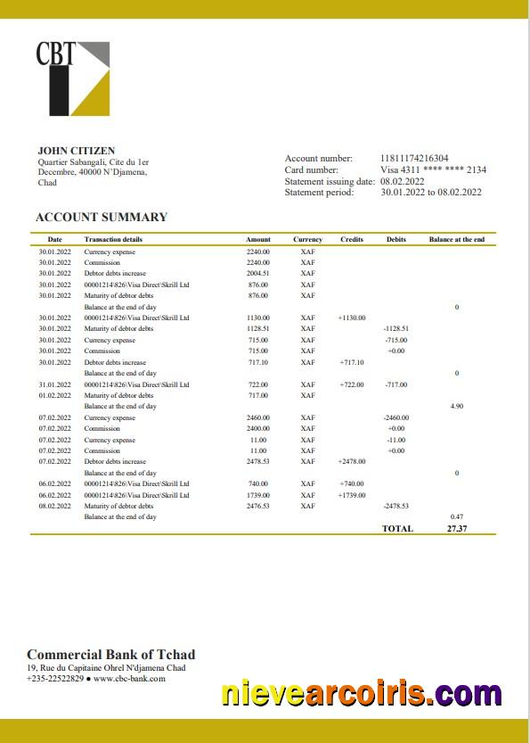 Chad Commercial Bank of Tchad bank statement in Word and PDF format
